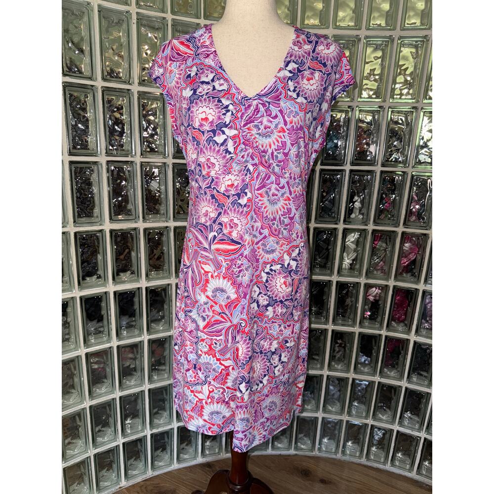 Title Nine Amelia Dress Short Sleeve Purple Pink Floral Zip Pockets - Sz M - OE